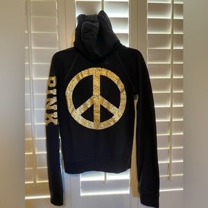 PINK- Victoria’s Secret peace sign, rhinestone zip hoodie, Medium